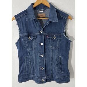Levis Denim Jean Vest Jacket Button Up Cut Off Sleeveless Trucker Women's Size M